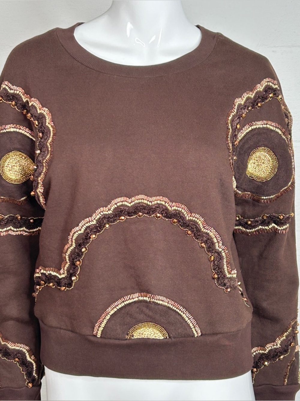 Anthropologie Ollari Embellished Pullover Sweatshirt Brown Size XS